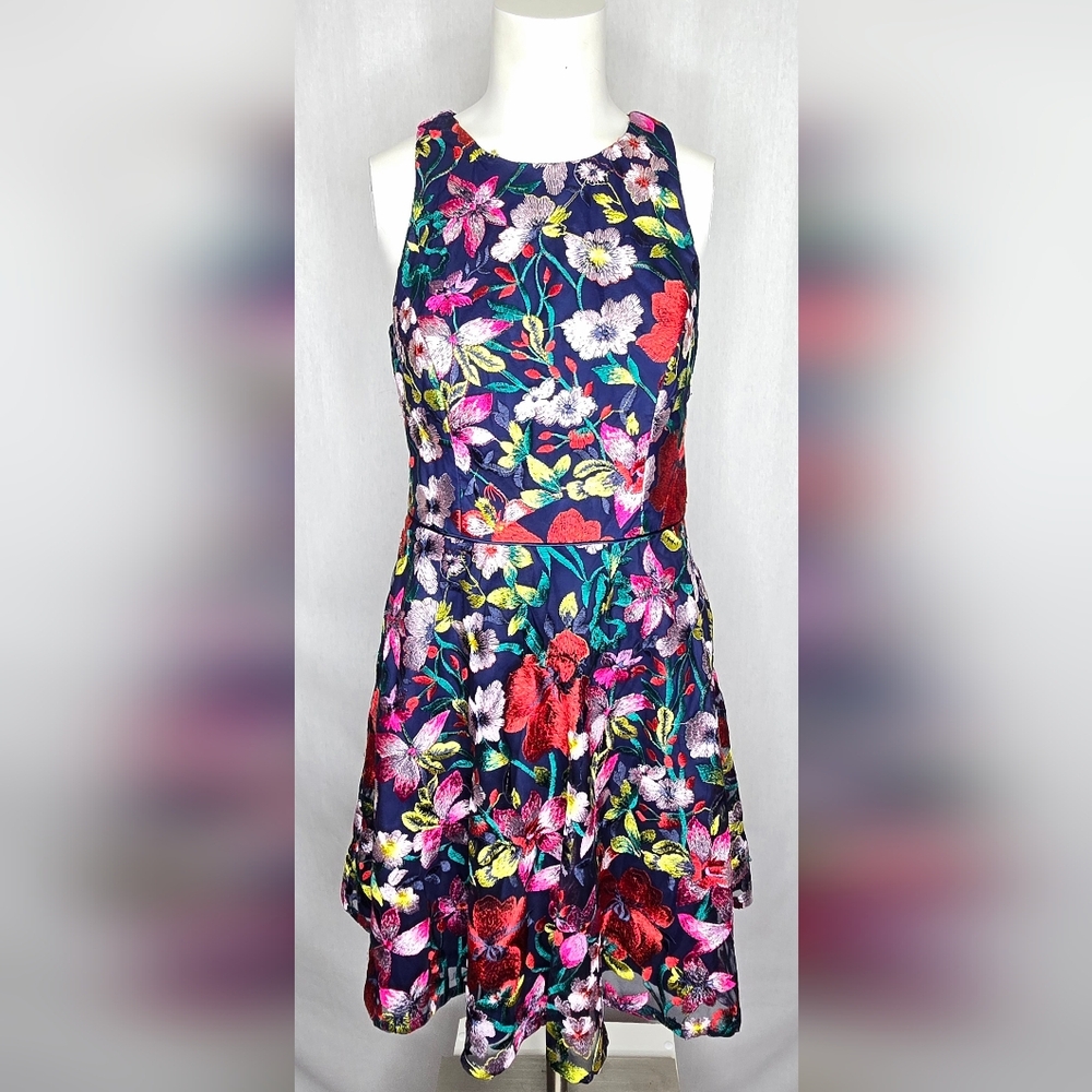Gianni Bini Vibrant Embroidered Floral Fit & Flare Dress W Pockets Size 6